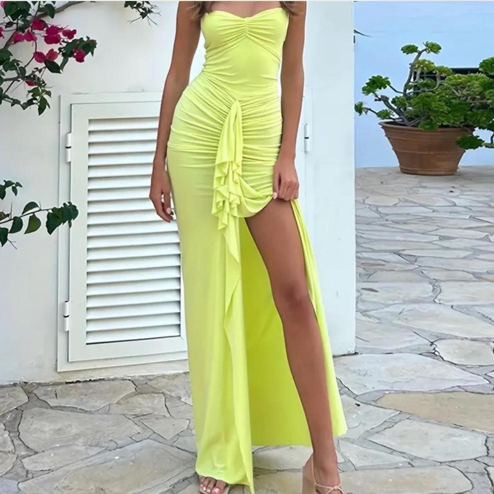 Yellow Ruched Maxi Dress with High Slit